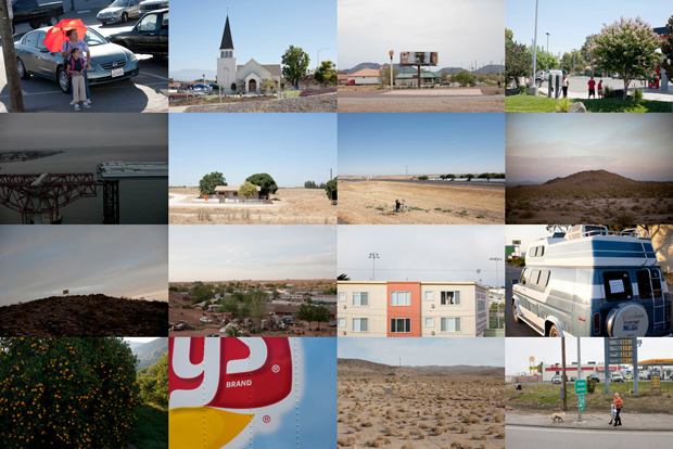 Photographs of Jay Muhlin's semi-trailer hitch-hiking road trip across the United States summarized in 16 images